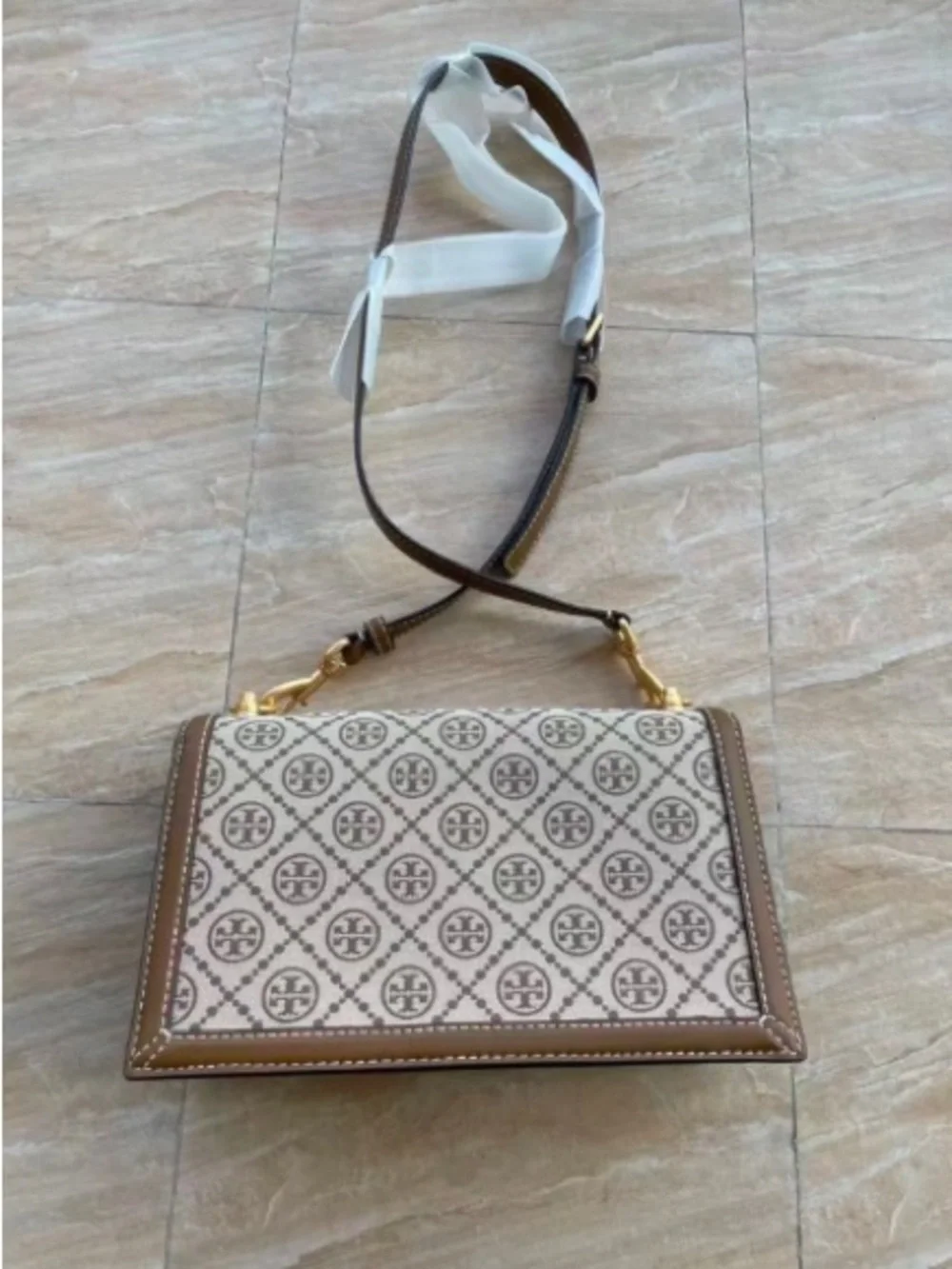 Tory Burch Beige and Brown Logo-Print Crossbody Bag
